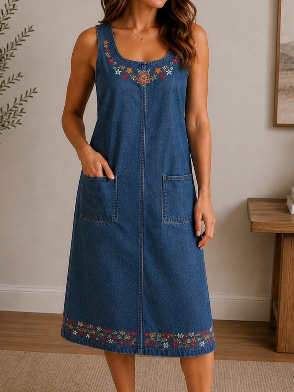 Vintage Expressions Denim Dress Embroidered Sleeveless Long Midi Casual Large
